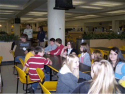 Job Shadow students waiting to eat lunch at Mercedes